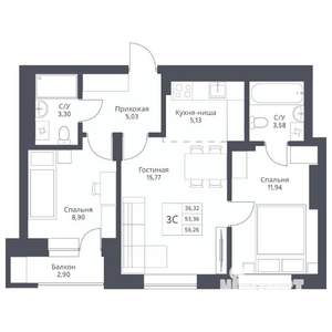 3-к квартира, вторичка, 56м2, 20/24 этаж
