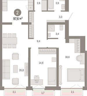 2-к квартира, вторичка, 98м2, 2/23 этаж
