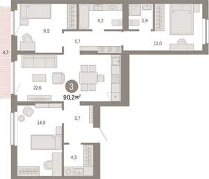 3-к квартира, вторичка, 90м2, 5/9 этаж