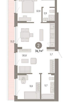 2-к квартира, вторичка, 75м2, 8/12 этаж