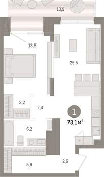 1-к квартира, вторичка, 73м2, 1/15 этаж