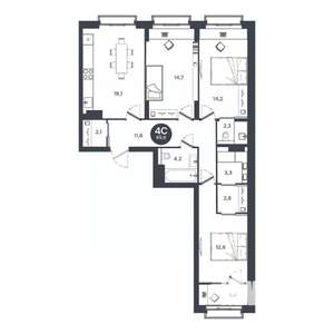 4-к квартира, строящийся дом, 86м2, 8/17 этаж