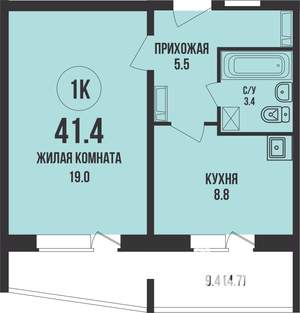 1-к квартира, строящийся дом, 41м2, 2/13 этаж