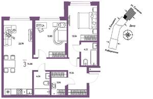 3-к квартира, вторичка, 74м2, 10/28 этаж