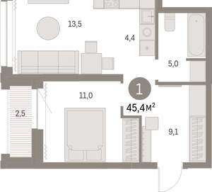 1-к квартира, вторичка, 45м2, 19/30 этаж