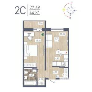 2-к квартира, строящийся дом, 45м2, 11/17 этаж