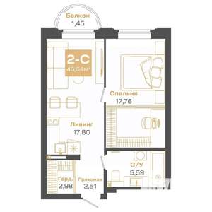 2-к квартира, строящийся дом, 47м2, 16/24 этаж
