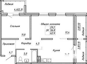 2-к квартира, строящийся дом, 63м2, 8/17 этаж