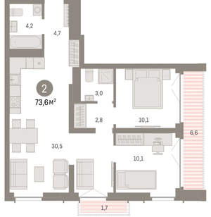 2-к квартира, вторичка, 74м2, 14/23 этаж