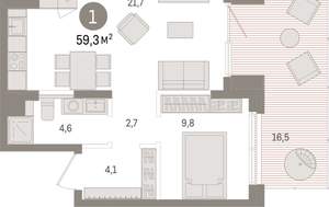 1-к квартира, вторичка, 59м2, 1/15 этаж