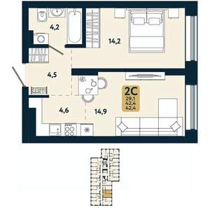 2-к квартира, вторичка, 42м2, 6/25 этаж