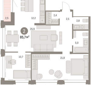 2-к квартира, вторичка, 85м2, 22/30 этаж