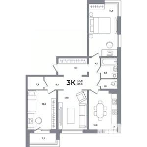 3-к квартира, вторичка, 83м2, 10/12 этаж