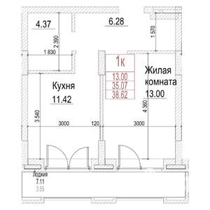 1-к квартира, строящийся дом, 35м2, 6/21 этаж