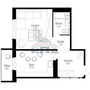 1-к квартира, вторичка, 46м2, 1/15 этаж