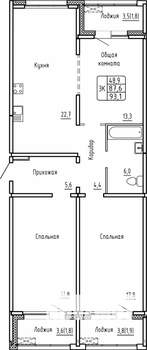 3-к квартира, строящийся дом, 93м2, 1/14 этаж
