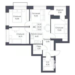 4-к квартира, вторичка, 68м2, 4/18 этаж