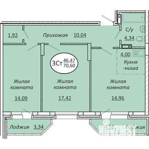 3-к квартира, строящийся дом, 71м2, 6/25 этаж