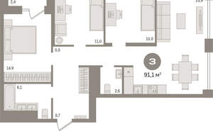 3-к квартира, вторичка, 91м2, 25/30 этаж