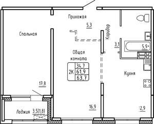 2-к квартира, строящийся дом, 64м2, 4/14 этаж