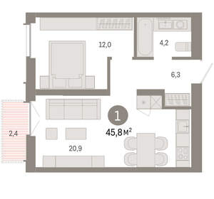 1-к квартира, вторичка, 46м2, 5/23 этаж