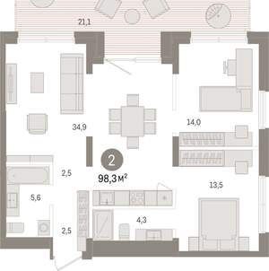 2-к квартира, вторичка, 98м2, 1/15 этаж
