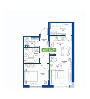 1-к квартира, вторичка, 55м2, 1/22 этаж