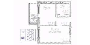 1-к квартира, строящийся дом, 44м2, 6/24 этаж