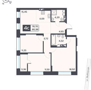 4-к квартира, вторичка, 80м2, 2/25 этаж