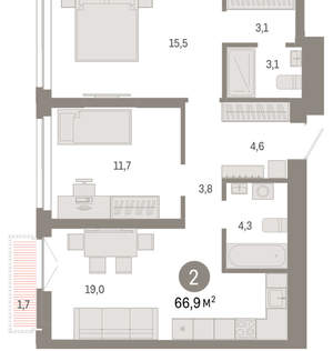 2-к квартира, вторичка, 67м2, 15/23 этаж