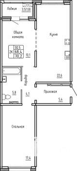 2-к квартира, вторичка, 70м2, 9/14 этаж