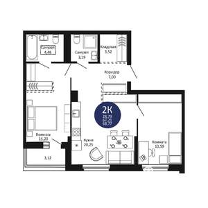 2-к квартира, вторичка, 69м2, 13/20 этаж