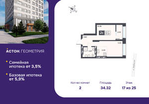 2-к квартира, вторичка, 34м2, 17/25 этаж