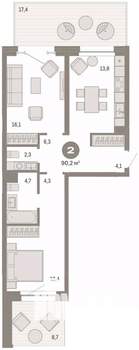1-к квартира, вторичка, 90м2, 2/7 этаж