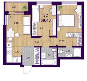 3-к квартира, вторичка, 58м2, 18/23 этаж