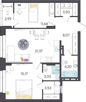 3-к квартира, строящийся дом, 71м2, 2/27 этаж