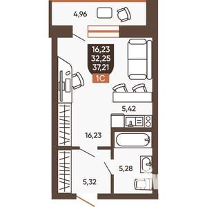 1-к квартира, вторичка, 37м2, 2/19 этаж