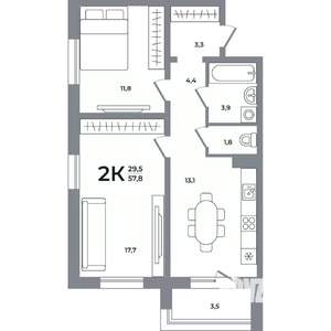 2-к квартира, вторичка, 58м2, 3/17 этаж
