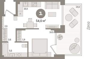 1-к квартира, вторичка, 54м2, 1/18 этаж
