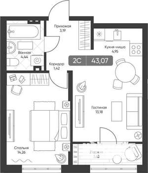 2-к квартира, вторичка, 41м2, 19/22 этаж