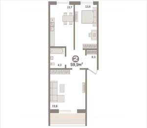 2-к квартира, вторичка, 60м2, 2/4 этаж