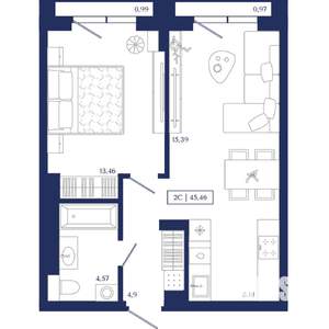 2-к квартира, вторичка, 45м2, 2/13 этаж