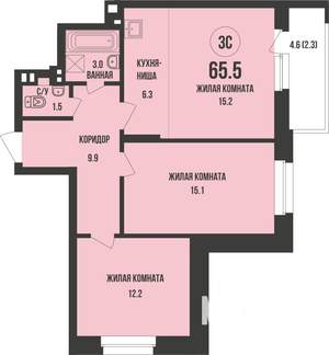 2-к квартира, строящийся дом, 66м2, 3/13 этаж