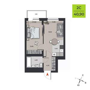 2-к квартира, вторичка, 42м2, 15/21 этаж