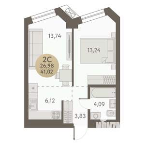 2-к квартира, строящийся дом, 41м2, 25/29 этаж