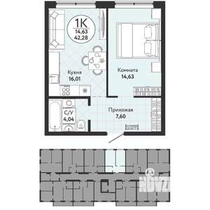 1-к квартира, вторичка, 42м2, 8/9 этаж