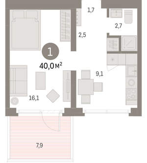 1-к квартира, вторичка, 40м2, 2/12 этаж