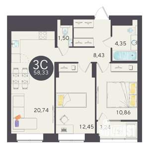 3-к квартира, вторичка, 59м2, 6/25 этаж