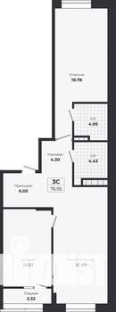 2-к квартира, строящийся дом, 75м2, 3/9 этаж