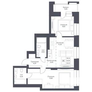 3-к квартира, вторичка, 59м2, 14/24 этаж